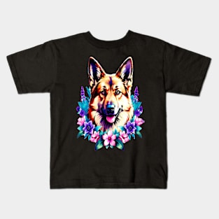 German Shepherd Dog Surrounded by Beautiful Spring Flowers Kids T-Shirt